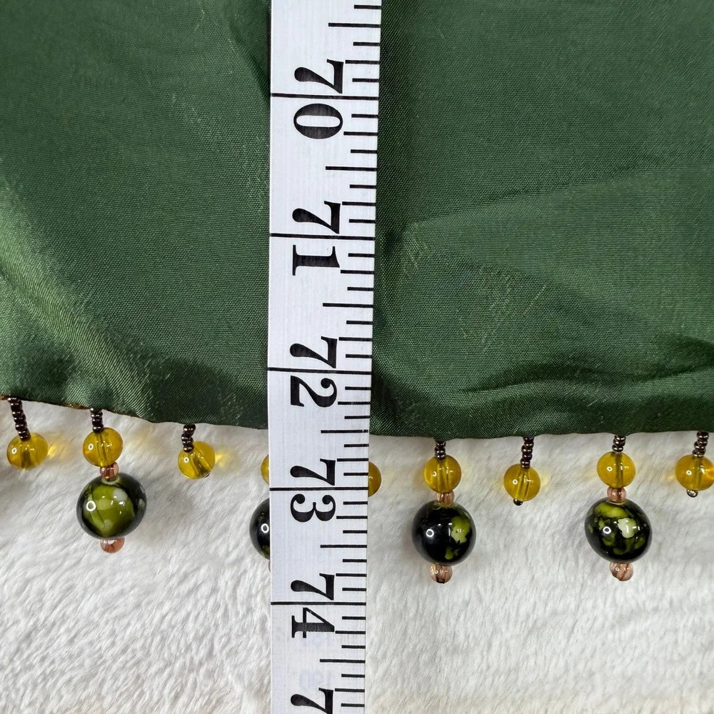 Pier 1 14x74 Table Runner Holiday Medallion Circle Print Beaded Trim Green Gold